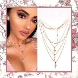 🎀  SILVER CROSS LAYER BLING NECKLACE BOHO DIAMOND RHINESTONE SPARKLE CHAIN STYLE